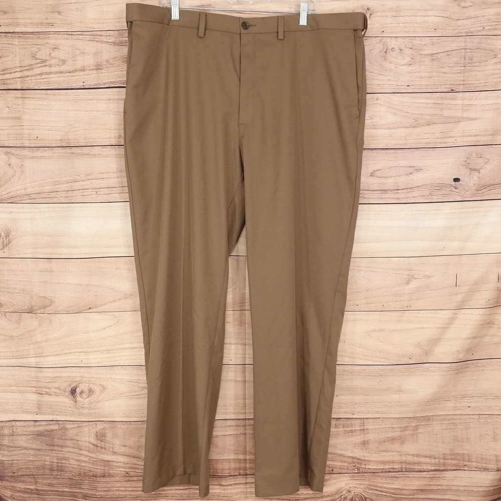 Haggar Cool 18 Pro Dress Pants Mens 44x32 Brown Classic Fit Microfiber